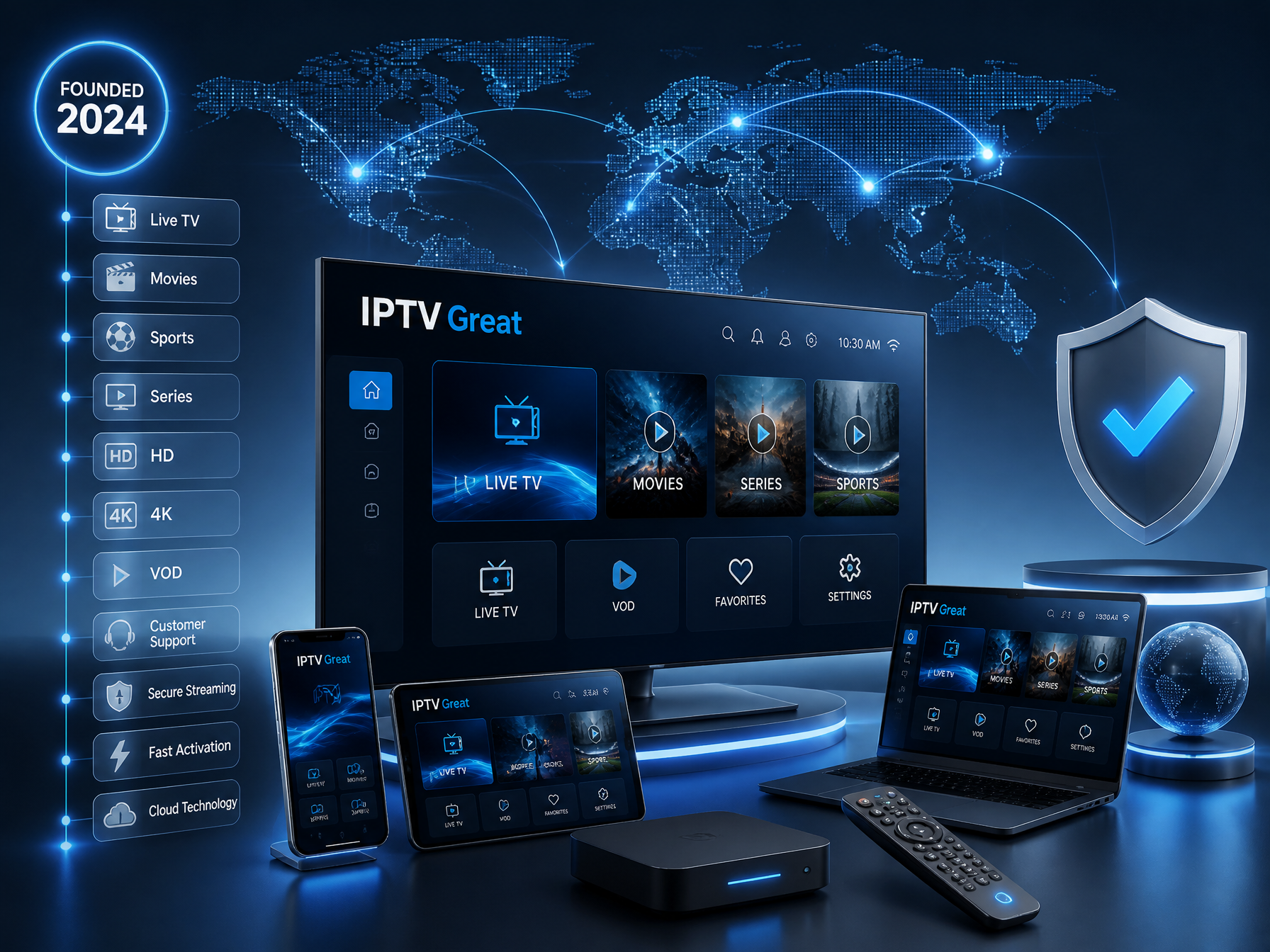 IPTV Great official website showcasing premium IPTV streaming across Smart TV, Android TV, Fire TV Stick, smartphone, tablet, and laptop devices.